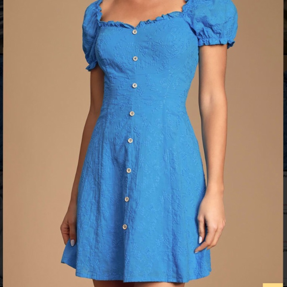 Lulus Ashler Blue Embroidered Puff Sleeve Dress